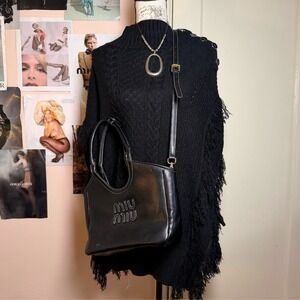 NY&C Black Cable Knit Fringe Poncho